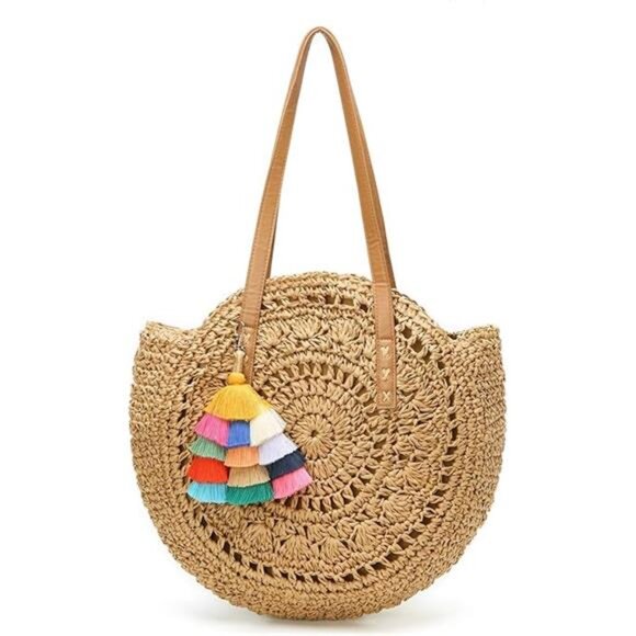 Summer Large Woven Bag Beach Straw Round Purse For Women Vacation Tote Handbags - Picture 2 of 4